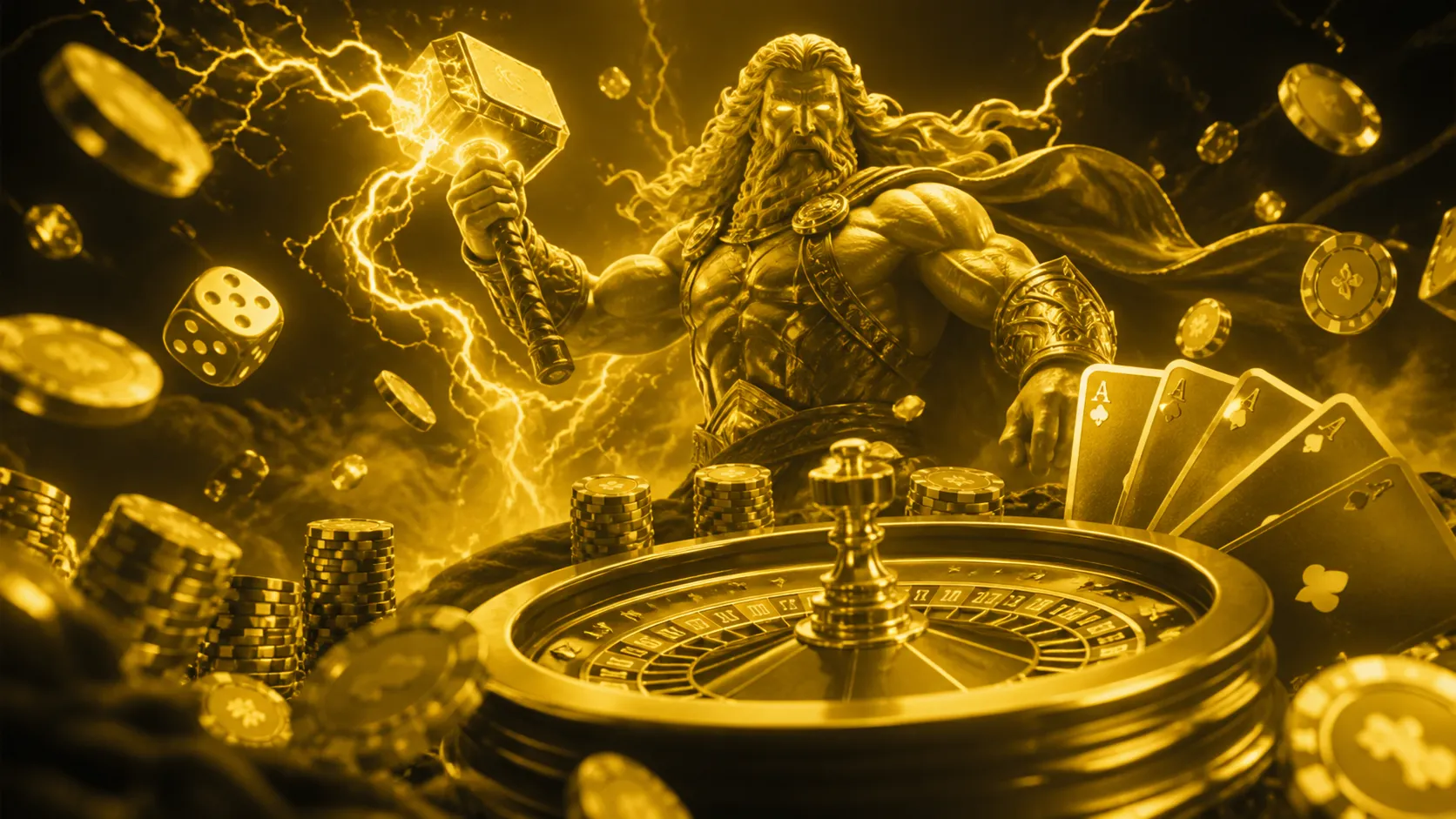 Dark cinematic banner featuring Thor's hammer, glowing dice, and a roulette wheel under neon lights, exuding luxury and mytho