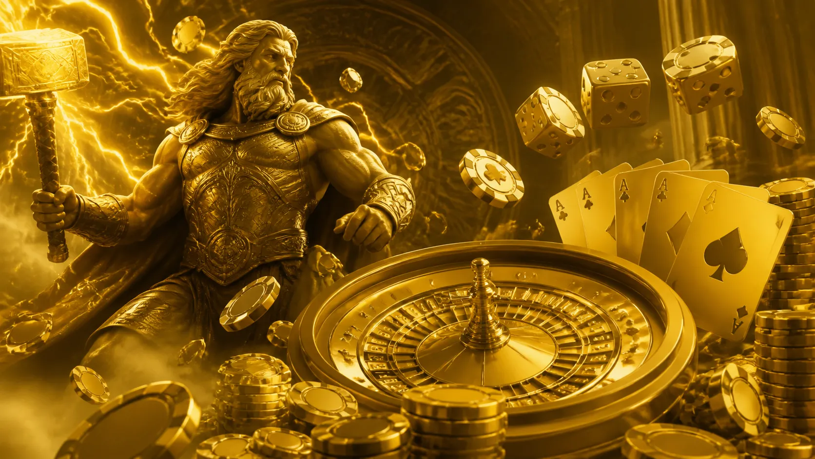 Luxury casino banner featuring Thor-themed elements, glossy 3D poker chips and neon glowing dice.